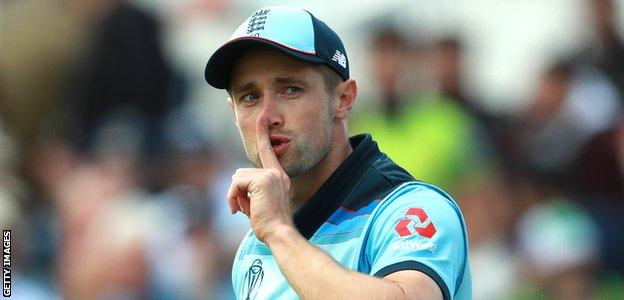 Chris Woakes holds his finger to his lips