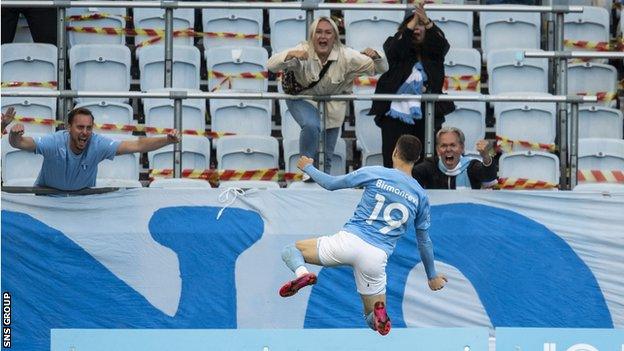 Veljko Birmancevic celebrates his goal for Malmo