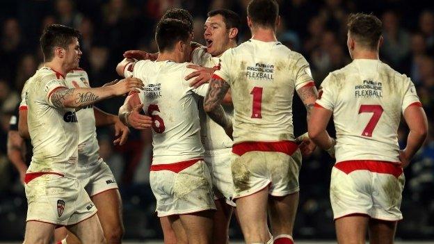 England celebrate a Brett Ferres try