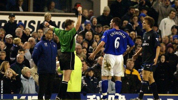 Eddie Wolstenholme shows a red card to David Unsworth