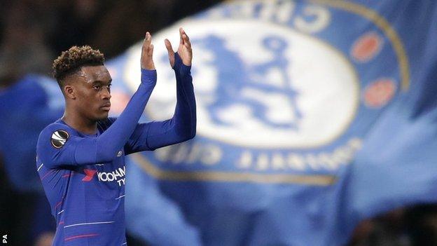 Callum Hudson-Odoi acknowledges the Chelsea fans