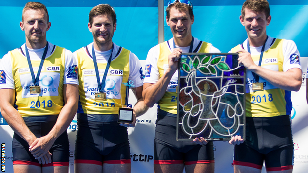 John Collins, Jonny Walton, Graeme Thomas and Tom Barras delivered a men's quadruple sculls win for Great Britain in Lucerne