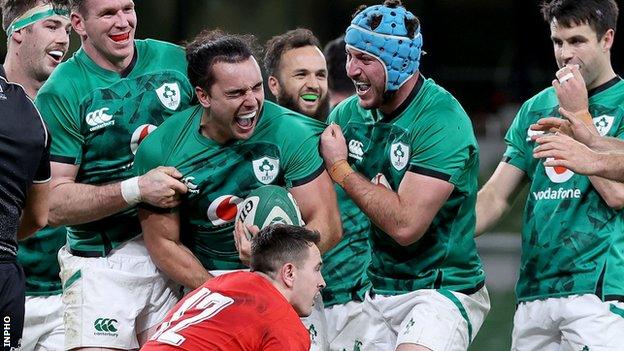 James Lowe scores a try against Wales