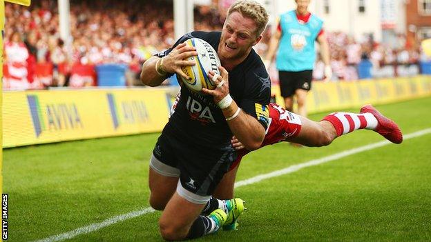 Alex Tait scores a try for Newcastle against Gloucester