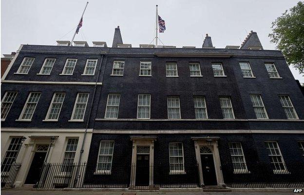 Union jacks at half-mast at Downing Street