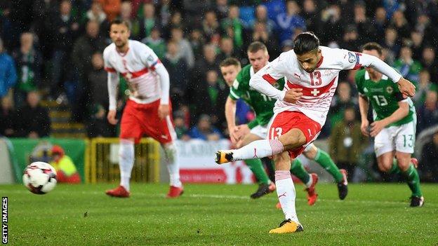 Switzerland's Ricardo Rodriguez scores from the penalty spot against Northern Ireland