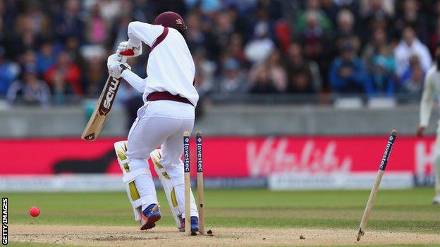 Kemar Roach is bowled