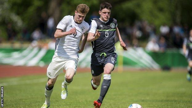 Declan Rice (right) in action for the Republic of Ireland's Under-18 team against Germany last May