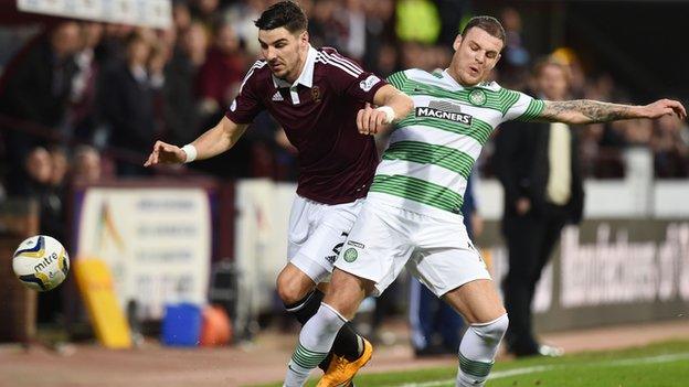 Hearts Callum Paterson (left) and Celtic's Anthony Stokes do battle in the Scottish Cup