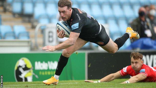 Exeter's Stuart Hogg goes over for a try