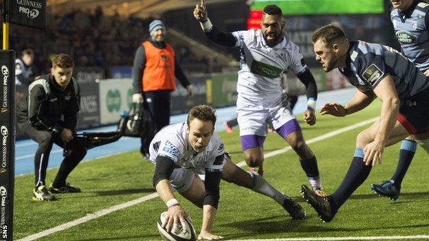 Ruaridh Jackson dives over to score a try for Glasgow Warriors against Cardiff Blues