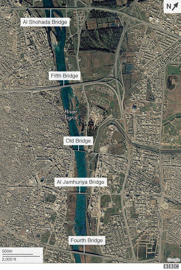 Satellite image of bridges in Mosul