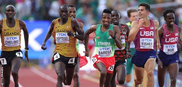 Oscar Chelimo, Joshua Cheptegei and Selemon Barega in action