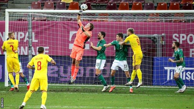 Northern Ireland keeper Bailey Peacock-Farrell makes a save during the 1-1 draw in Romania in September