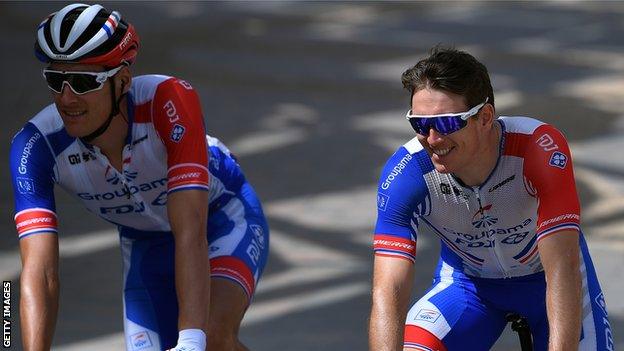 Groupama-FDJ riders Ramon Sinkeldam (left) and Arnaud Demare (right) at the UAE Tour