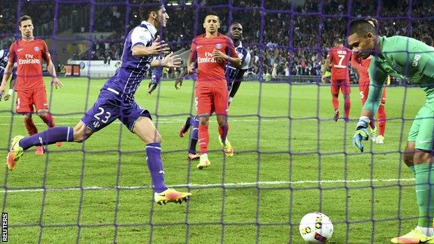 Yann Bodiger celebrates giving Toulouse the lead against Paris St-Germain