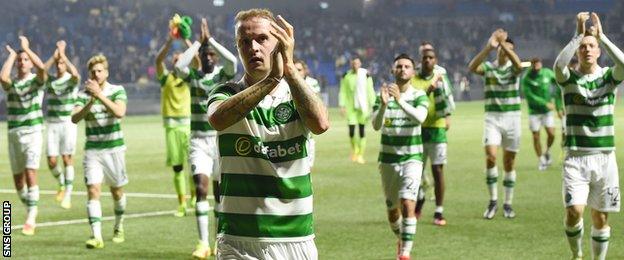 Leigh Griffiths and his team-mates acknowledge the travelling fans in Astana