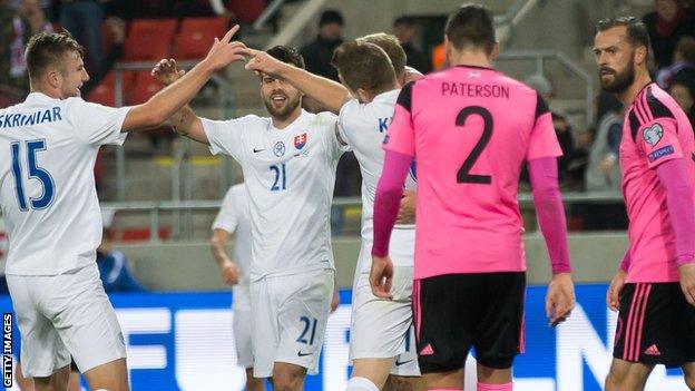 Slovakia celebrate their third goal against Scotland