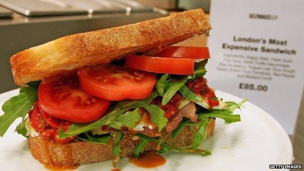 £85.50 - US$ 148.30 wagyu sandwich at Selfridges in 2006 in London, claiming to be London's most expensive sandwich. The cost is down to the Wagyu beef that makes up most of the filling.