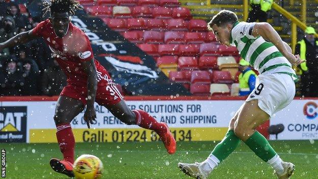 James Forrest fires in Celtic's third goal during Sunday's 4-0 win at Pittodrie