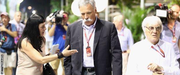 F1 supremo Bernie Ecclestone and Chase Carey, Chairman of Formula One Group