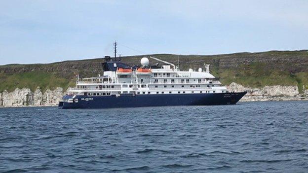 One of the cruise liners visiting Rathlin Island which has a reputation as a bird sanctuary