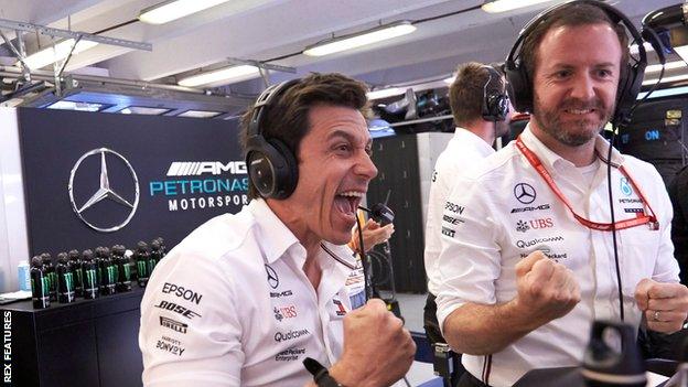 Toto Wolff celebrates Hamilton's victory