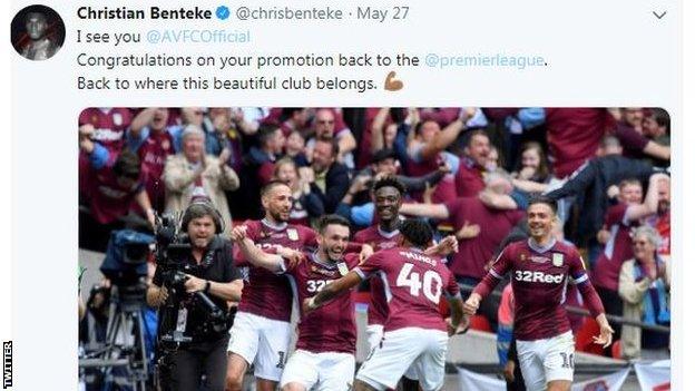 Former Villa striker Christian Benteke sent a congratulatory message to his old club on Twitter