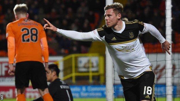 Aberdeen's Simon Church celebrates against Dundee United