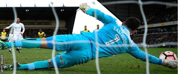 Oxford goalkeeper Simon Eastwood saves a penalty from Aleksander Mitrovic