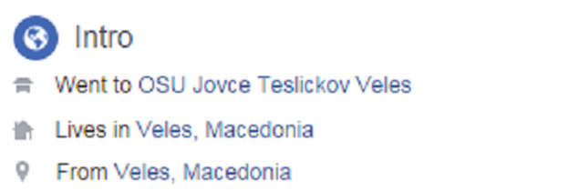 Facebook info box - a profile claiming to be a person from Veles in Macedonia