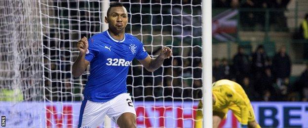 Alfredo Morelos celebrates scoring for Rangers against Hibernian