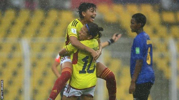 Colombia celebrate a goal against Tanzania at the Under-17 Women's World Cup in India