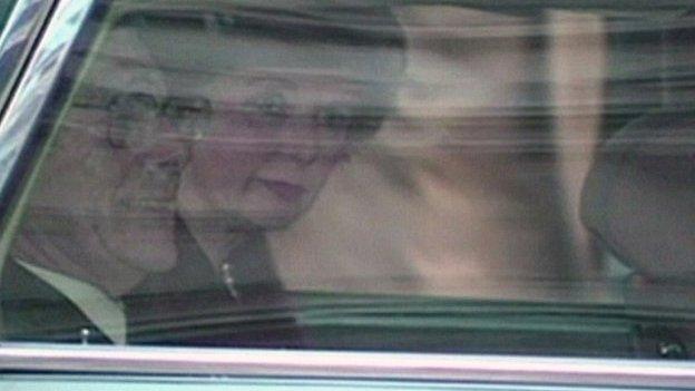 Margaret Thatcher cries as she leaves Downing Street after resigning as prime minister in November 1990