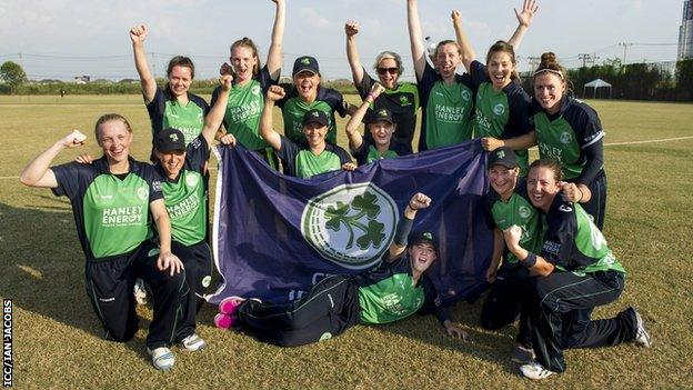 Ireland celebrate qualifying for the World Twenty20 after defeating Scotland