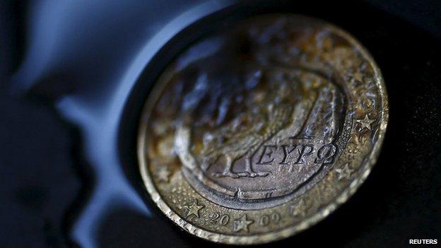 Greek euro coin in flames