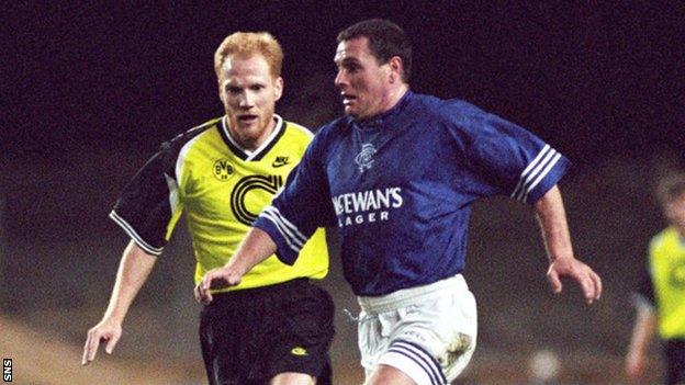 Paul Gascoigne (right) in action for Rangers against Borussia Dortmund