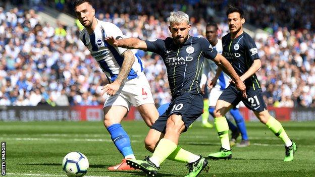 Sergio Aguero scores Manchester City's equaliser against Brighton