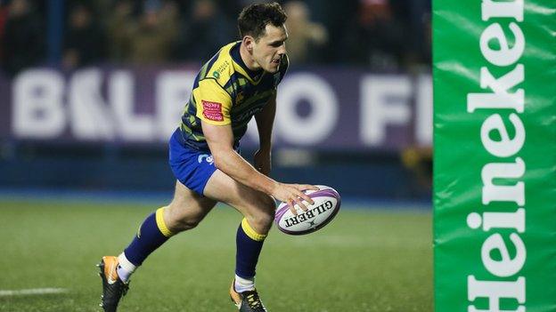 Cardiff Blues scrum-half Tomos Williams scores after Gareth Anscombe's fine chip and gather