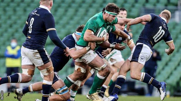 Caelan Doris on a rampaging run for Ireland against Scotland in December