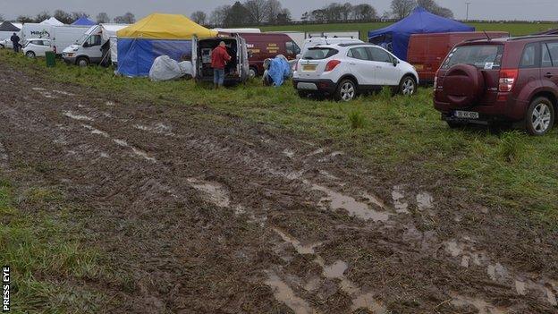 Heavy rain caused the Mid Antrim 150 paddock to become a quagmire in early April