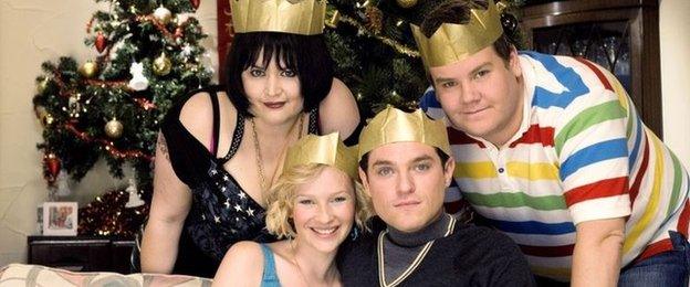 Ruth Jones as Nessa, Joanna Page as Stacey, Matthew Horne as Gavin and James Corden as Smithy