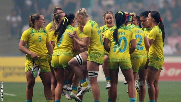 Australia celebrate victory over Fiji in rugby sevens