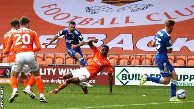 Gwion Edwards scores his second goal for Ipswich against Blackpool