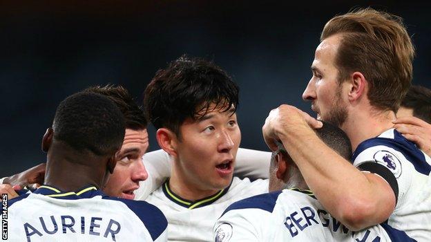 Harry Kane celebrates with his Tottenham team-mates