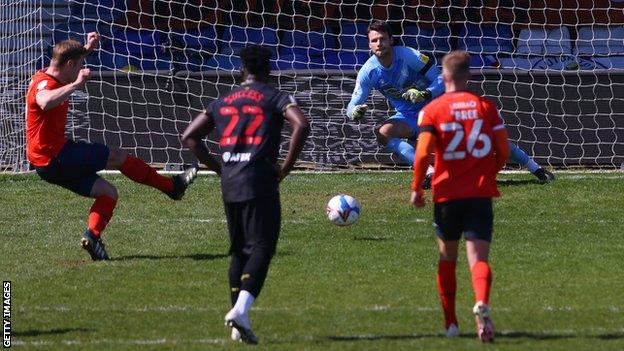 James Collins scores for Luton against Watford