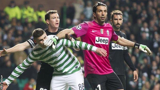 Gianluigi Buffon in action at Celtic Park in 2013