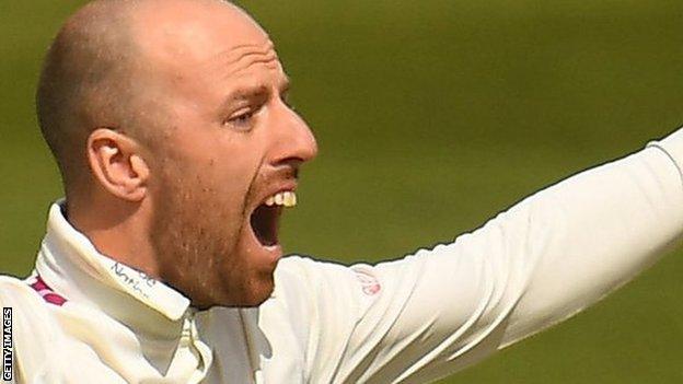 England spinner Jack Leach had no joy for Somerset against Middlesex, as his seven overs went for 28 runs