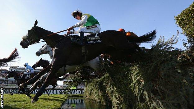 Many Clouds clears the water jump on the way to winning The Grand National in 2015