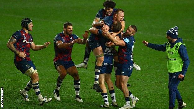 Bristol celebrate Sam Bedlow's late penalty